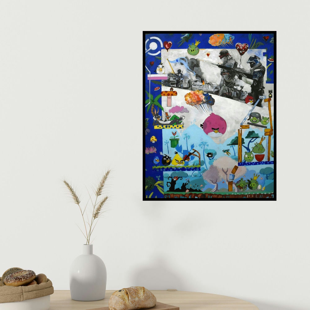 Jasleen Singh's 'Dream As A Child (Collision of Worlds)' painting visualized above a sofa in a contemporary room.