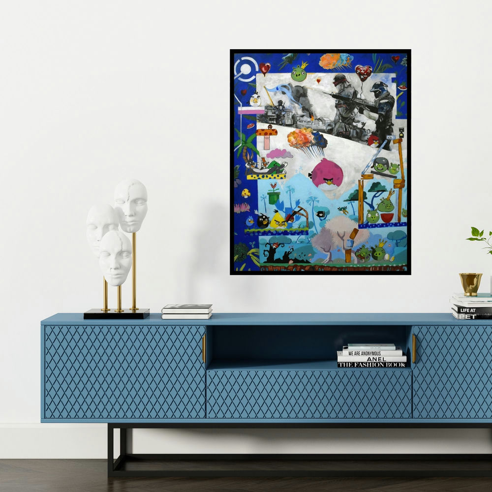 'Dream As A Child (Collision of Worlds)' painting by Jasleen Singh shown on a wall in a furnished room.