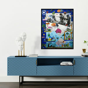 'Dream As A Child (Collision of Worlds)' painting by Jasleen Singh shown on a wall in a furnished room.