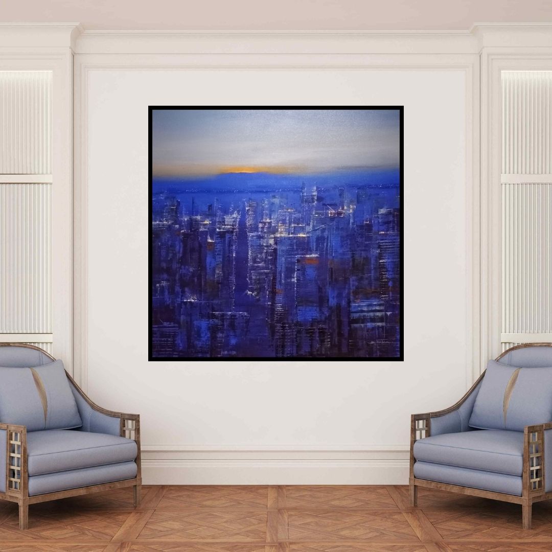 In-situ view of Bhaskar Mandolu's 'Dream City (Twilight Cityscape)' painting in a room