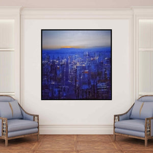 In-situ view of Bhaskar Mandolu's 'Dream City (Twilight Cityscape)' painting in a room