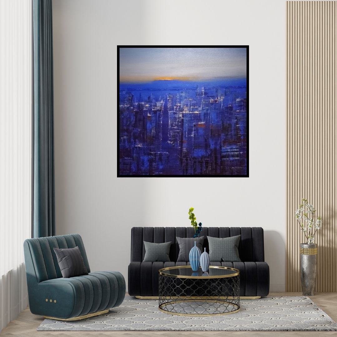 Preview of 'Dream City (Twilight Cityscape)' Painting by Bhaskar Mandolu shown on a wall in a furnished room.