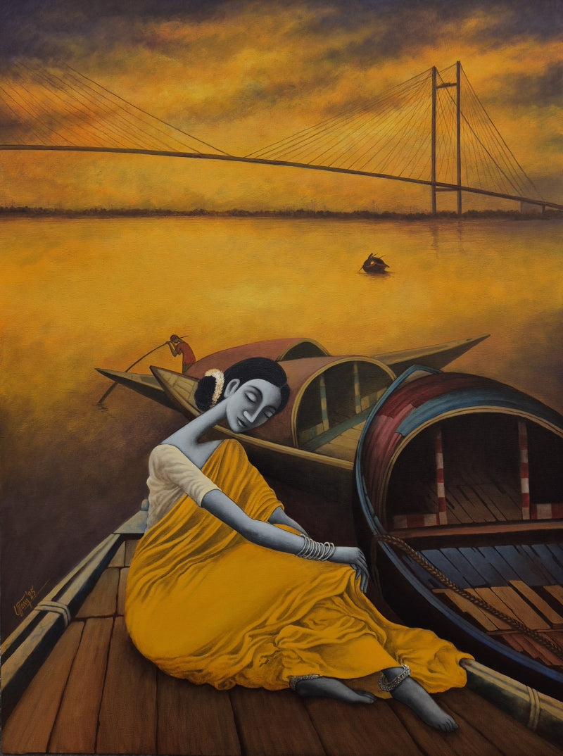 'Dream City 3' figurative acrylic painting by artist Uttam Bhattacharya, 48x36 inch, on canvas