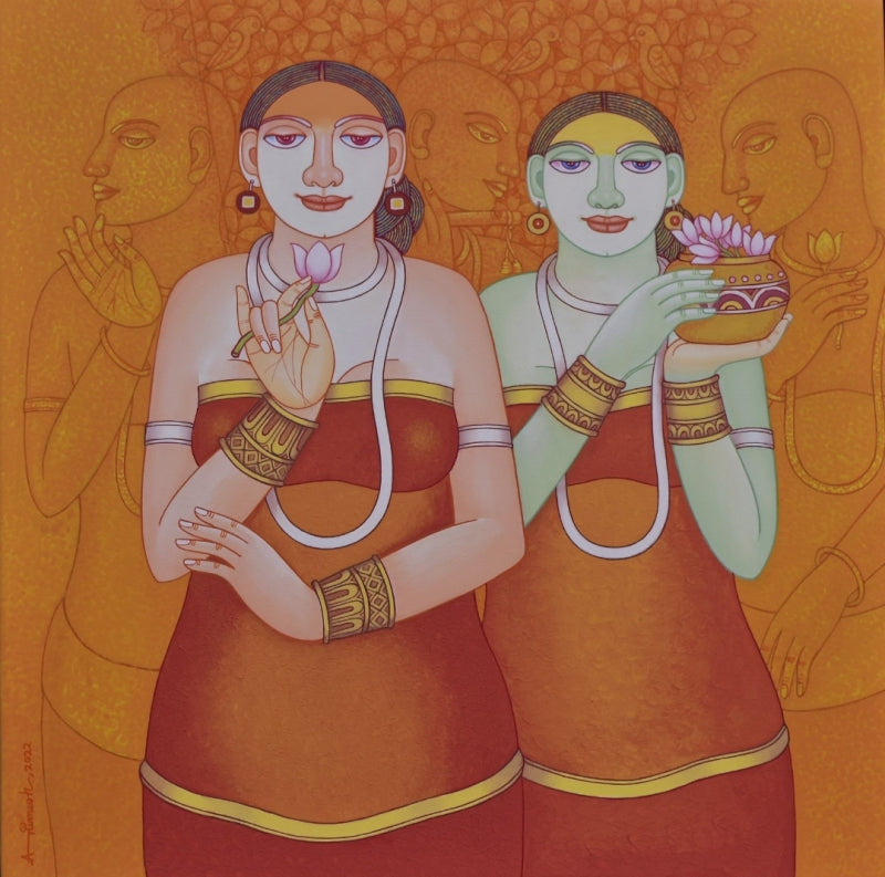 Dream Flower 2' figurative acrylic painting by artist Animesh Biswas, 32x32 inch, on canvas