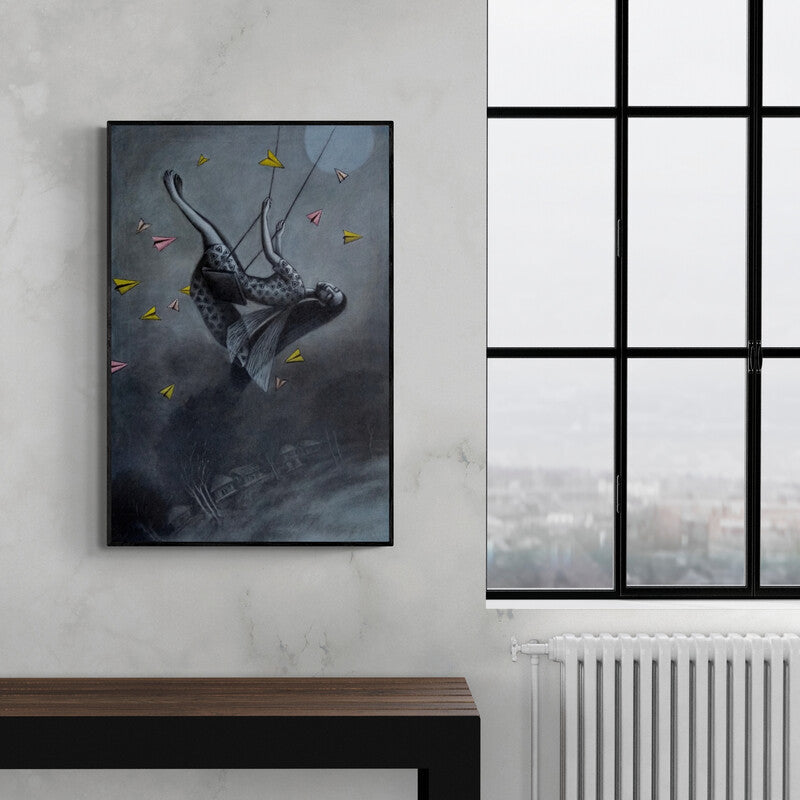 In-situ view of Uttam Bhattacharya's 'The Dream Flyer' painting in a room