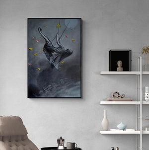 Preview of 'The Dream Flyer' Painting by Uttam Bhattacharya shown on a wall in a furnished room.