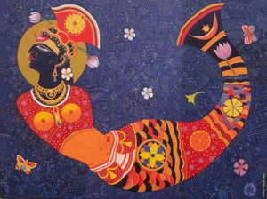 Dream Girl 1 by Bhaskar Lahiri, Original Acrylic Figurative Painting on Canvas, Medium Horizontal Wall Art