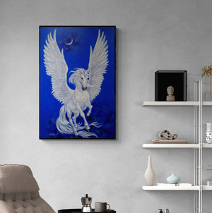 In-situ view of Sanket Sawant's 'The Unicorn (Dream Horse)' painting in a room