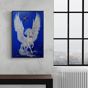 Sanket Sawant's 'The Unicorn (Dream Horse)' Painting visualized above a sofa in a contemporary room