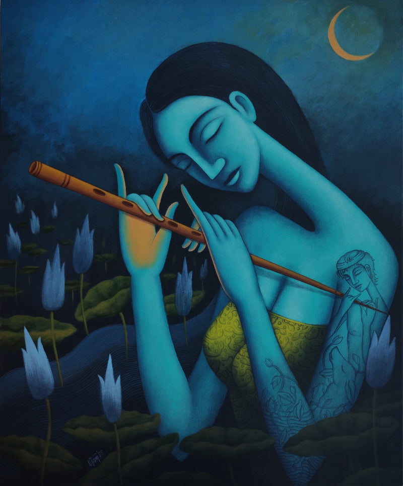 'Dream Lover 3' figurative acrylic painting by artist Uttam Bhattacharya, 36x30 inch, on canvas