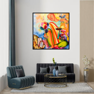 Preview of 'Dream Merchant (The Purveyor of Dreams)' Painting by Deepali Mundra shown on a wall in a furnished room.