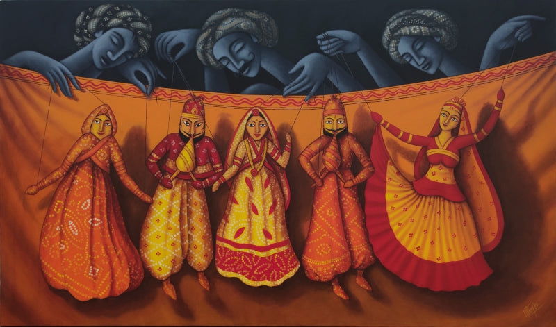 'Dream Moments 2' figurative acrylic painting by artist Uttam Bhattacharya, 42x72 inch, on canvas