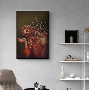 Uttam Bhattacharya's painting 'Dream Mystic (Untitled)' displayed in a modern living room setting