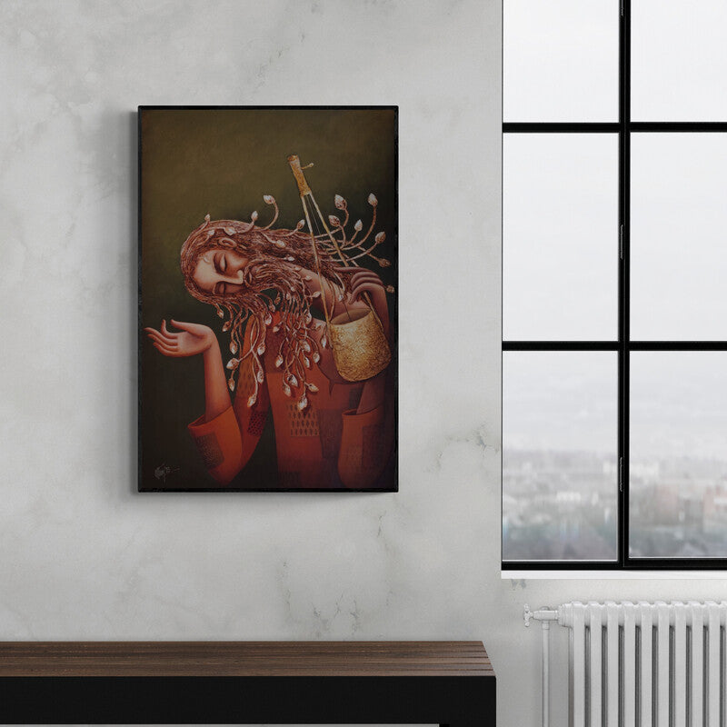 Uttam Bhattacharya's 'Dream Mystic (Untitled)' Painting visualized above a sofa in a contemporary room