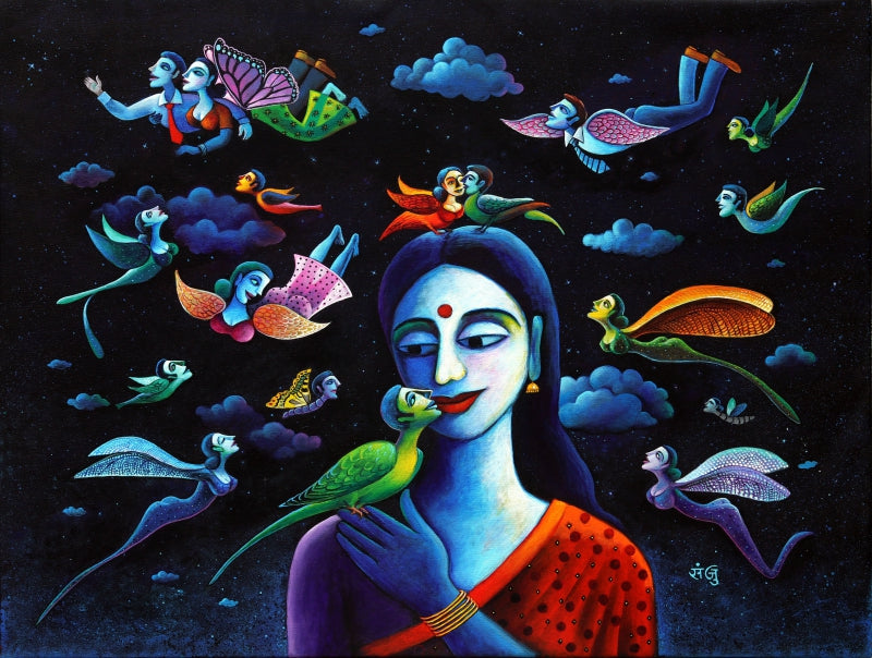 Dream At Night' figurative acrylic painting by artist Sanju Das, 36x48 inch, on canvas