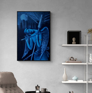 Uttam Bhattacharya's painting 'The Dream Seller 1 (Abstract in Sepia)' displayed in a modern living room setting