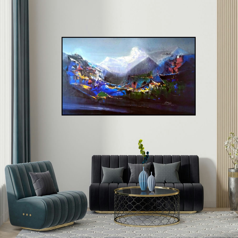 Dnyaneshwar Dhavale's 'Dream Village 2' painting visualized above a sofa in a contemporary room.