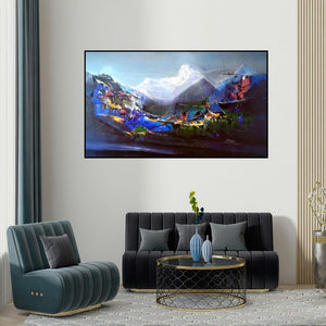 Dnyaneshwar Dhavale's 'Dream Village 2' painting visualized above a sofa in a contemporary room.