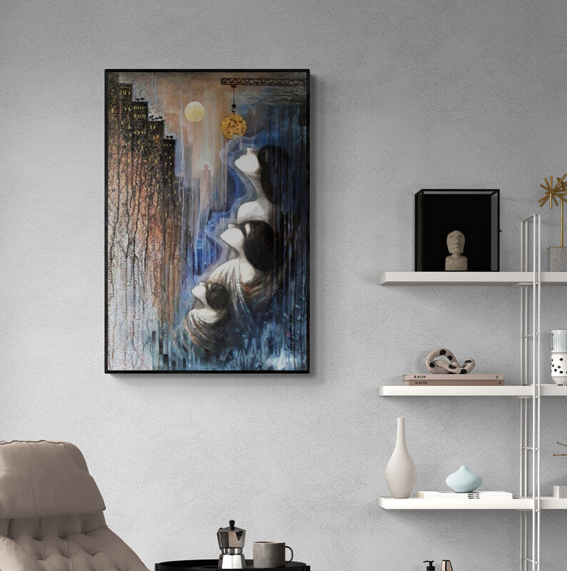 In-situ view of Arabinda Samanta's 'Dream Vs Reality (Urban Reverie)' painting in a room