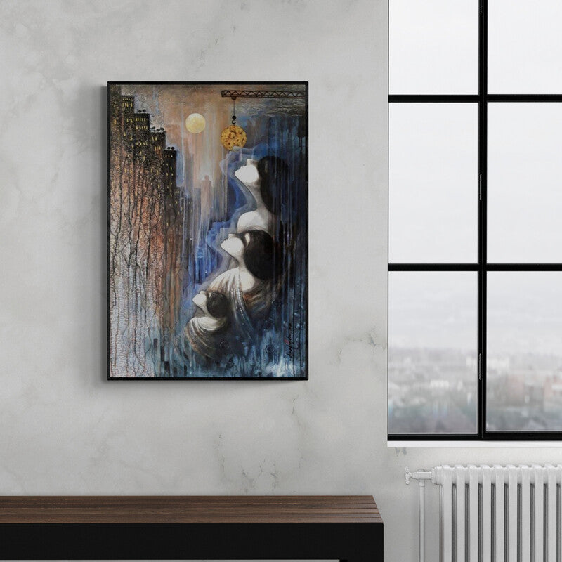 Arabinda Samanta's 'Dream Vs Reality (Urban Reverie)' Painting visualized above a sofa in a contemporary room