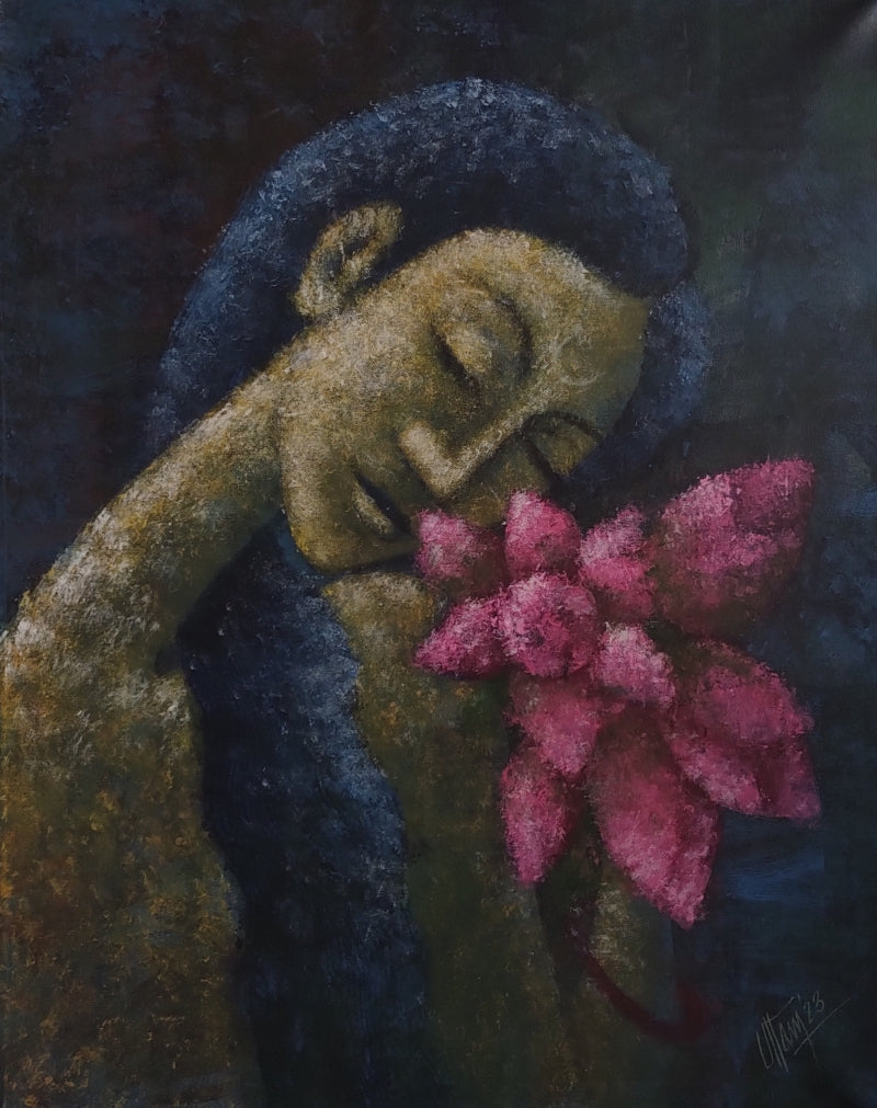 'Dream Weaver' figurative acrylic painting by artist Uttam Bhattacharya, 30x24 inch, on canvas