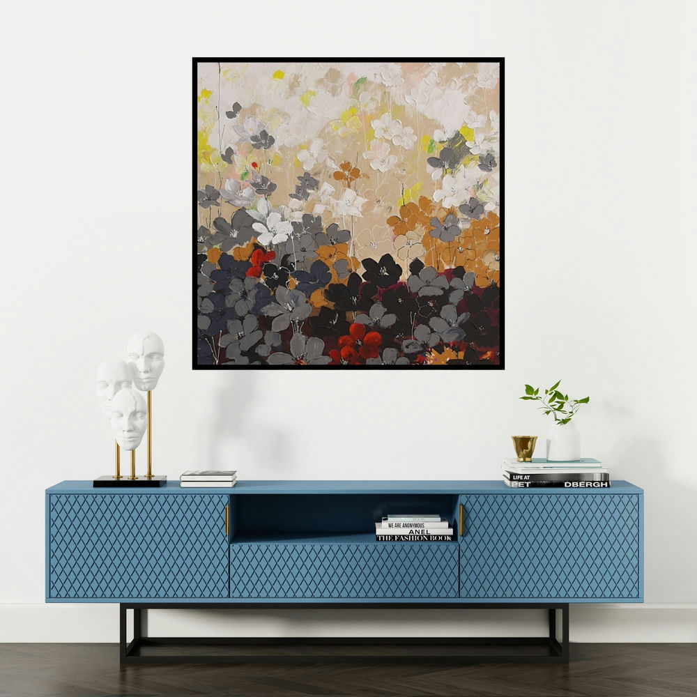 'Dreamcatcher 3 X 3 (Abstract Floral Painting in White and Grey)' painting by Surbhi Soni shown on a wall in a furnished room.