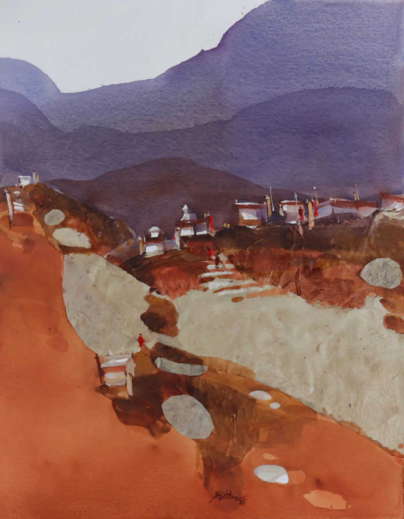Dreamful Spiti 2' landscape watercolor painting by artist Prashant Prabhu, 20x16 inch, on paper board