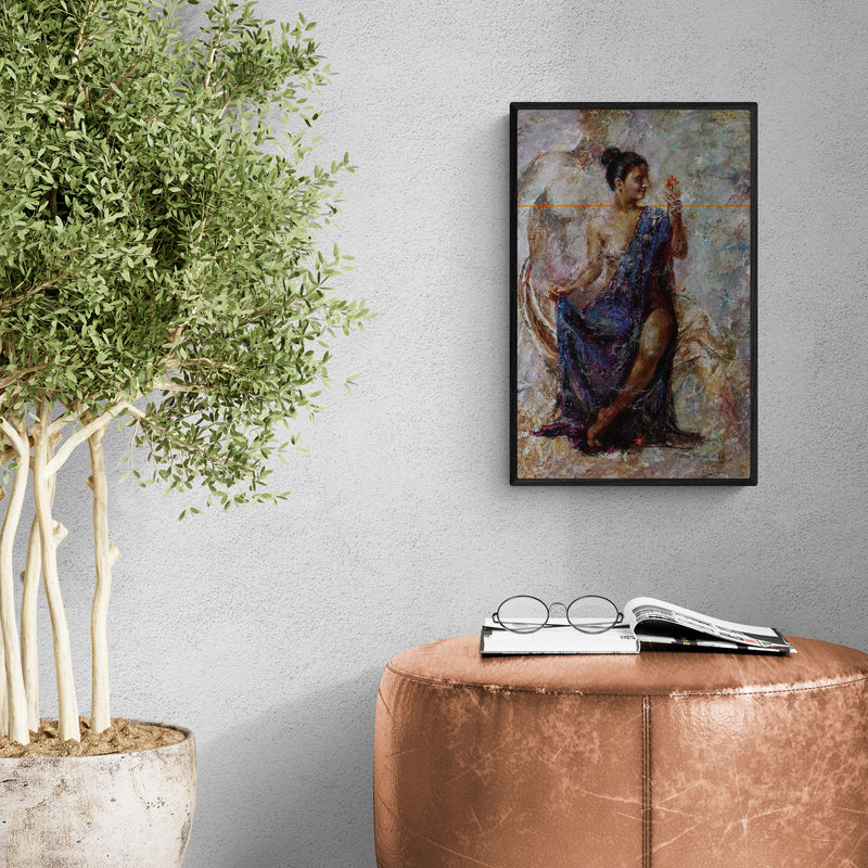 Preview of 'Dreaming 1 (Violet Dreamscape)' Painting by Mansi Sagar shown on a wall in a furnished room.