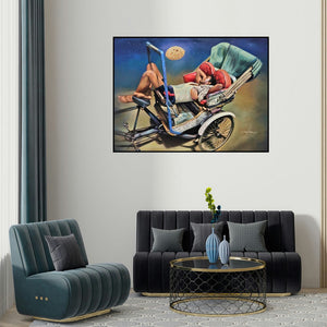 Shyamsundar Achary's 'Dreaming For Bread (Night Dreams)' painting visualized above a sofa in a contemporary room.