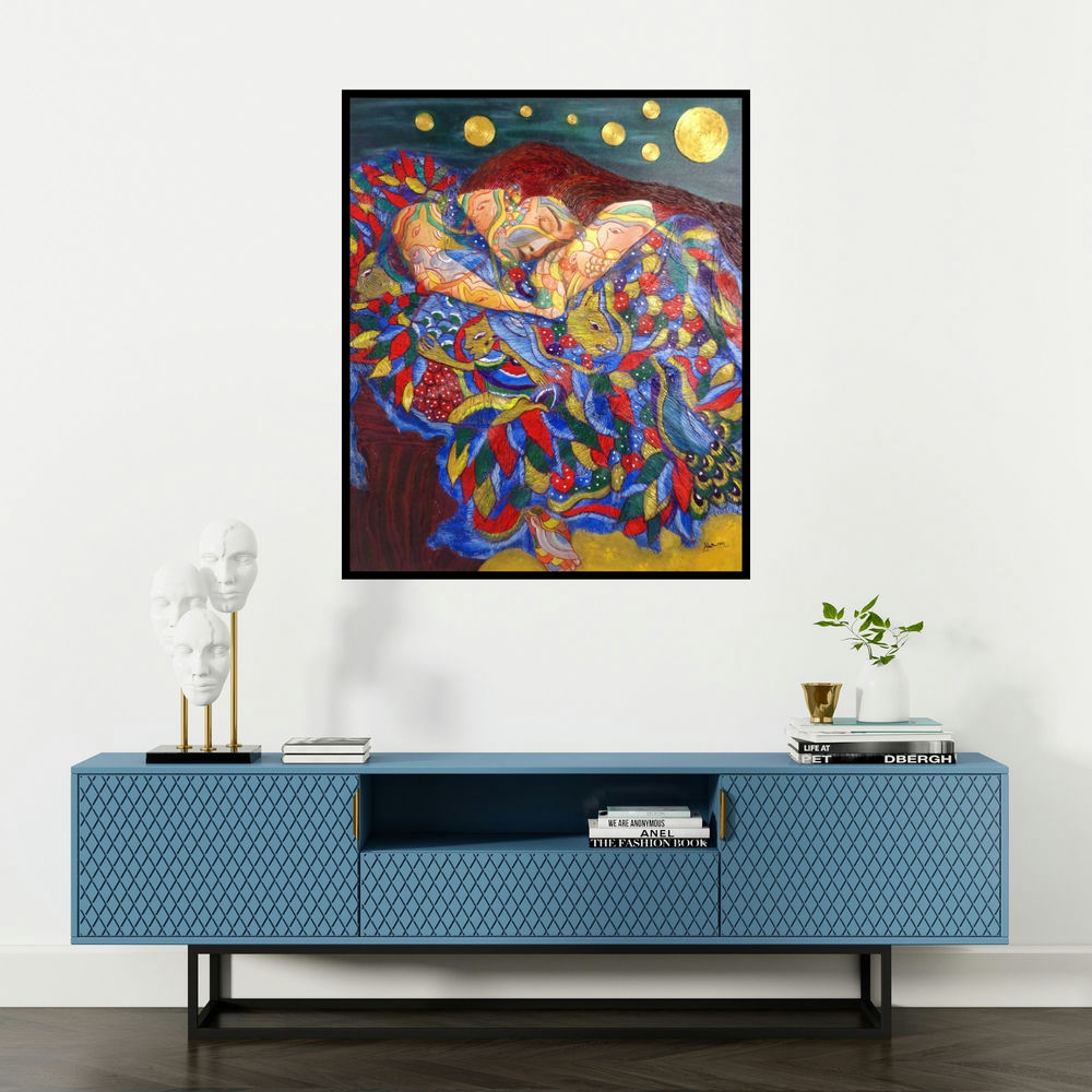 Hariom Kuthwaria's 'Dreaming Nature' painting visualized above a sofa in a contemporary room.