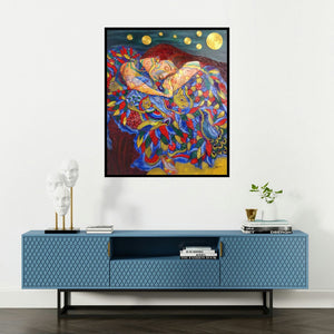 Hariom Kuthwaria's 'Dreaming Nature' painting visualized above a sofa in a contemporary room.