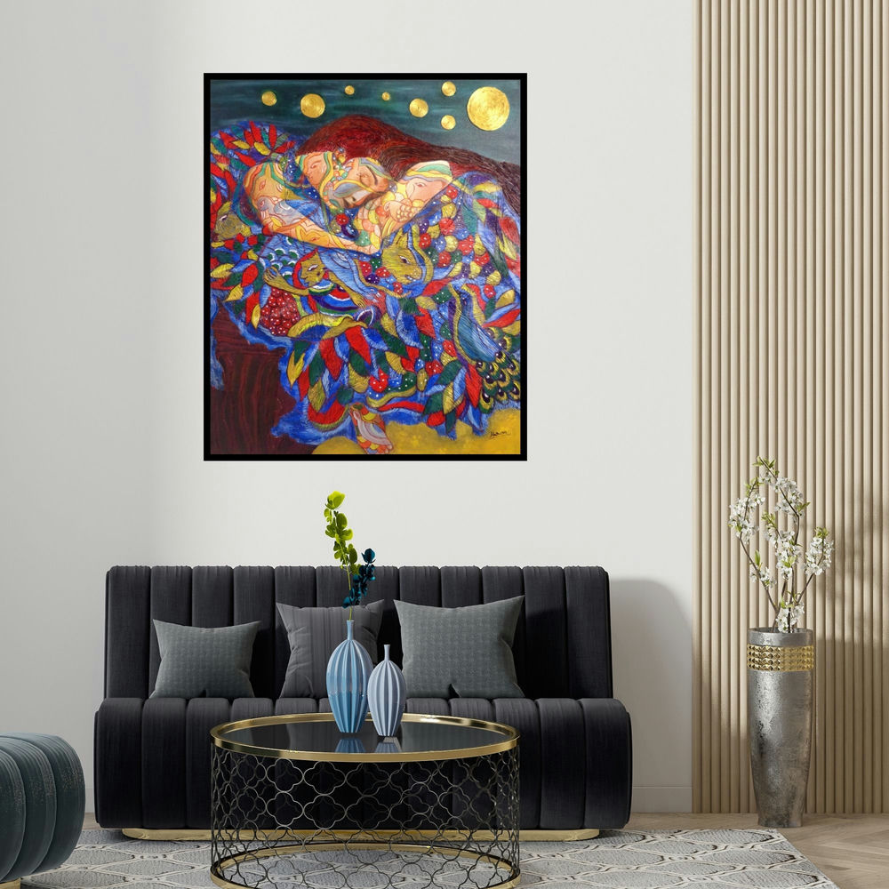 'Dreaming Nature' painting by Hariom Kuthwaria shown on a wall in a furnished room.