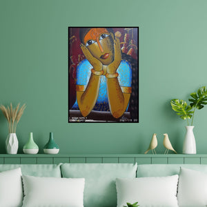 Preview of 'Dreaming Puppet Show Acrylics On Canvas' Painting by K P Sukanthi Kunuku Pochi Sukanthi shown on a wall in a furnished room.