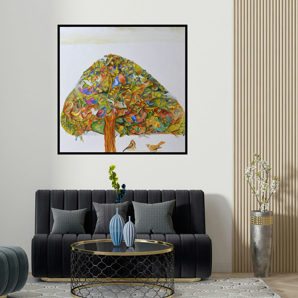 Shilpa Pachpor's 'The Dreaming Tree' painting visualized above a sofa in a contemporary room.