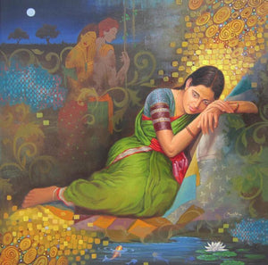 Dreaming Woman by Baburao (Amit) Awate, Original Acrylic Photorealistic Painting on Canvas, Medium Square Wall Art