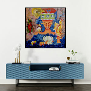 'Dreams & Desire' painting by Deepali Mundra shown on a wall in a furnished room.