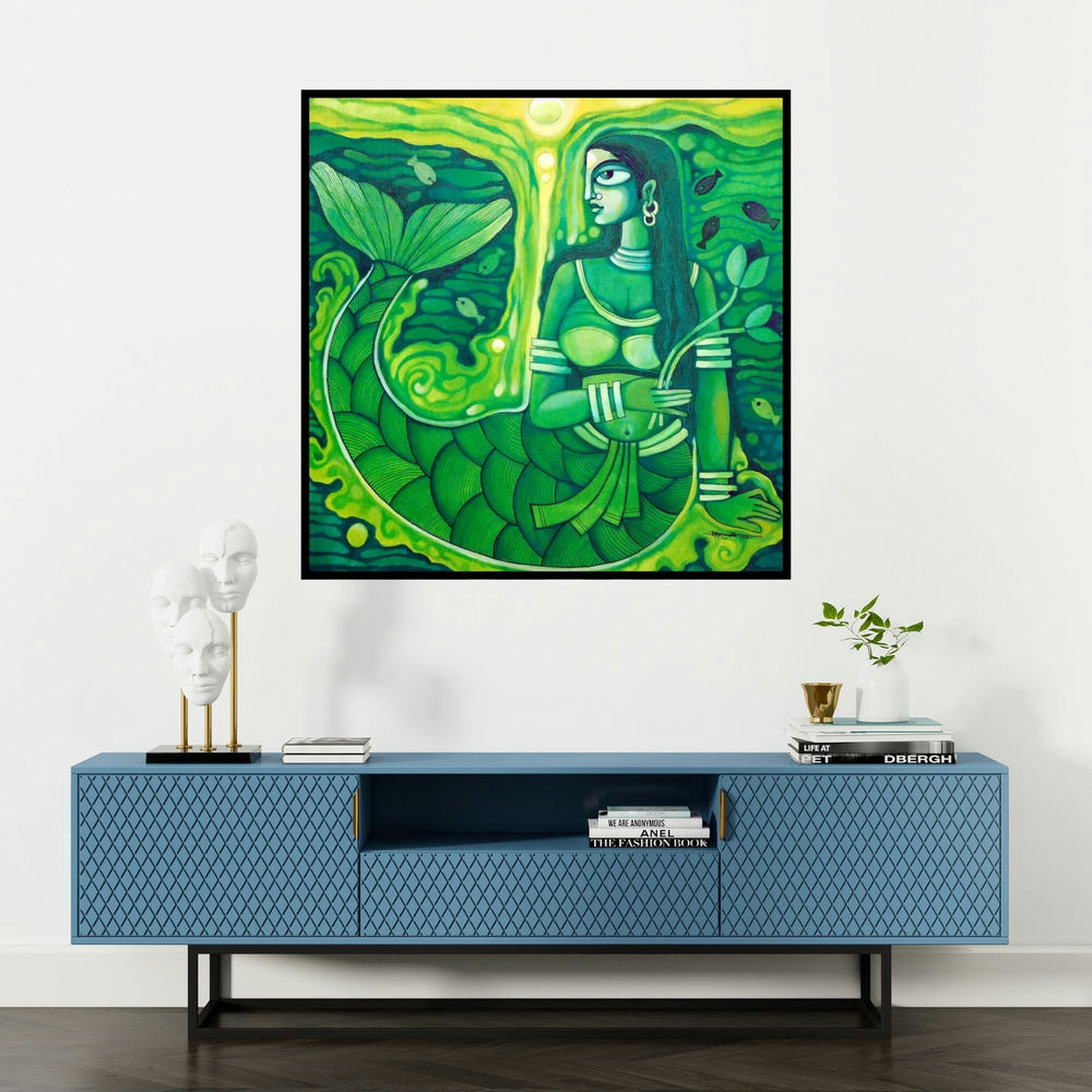 'Dreamy Mermaid (Aquatic Enchantment)' painting by Pradip Goswami shown on a wall in a furnished room.