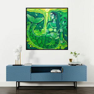 'Dreamy Mermaid (Aquatic Enchantment)' painting by Pradip Goswami shown on a wall in a furnished room.