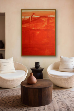 Drip Orange Abstract by artist Prakash Bal Joshi displayed in a Museum Style gallery