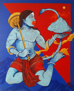 Dronagiri 1 (The Divine Strength) by Prakash Pore, Original Acrylic Religious Painting on Canvas, Medium Vertical Wall Art