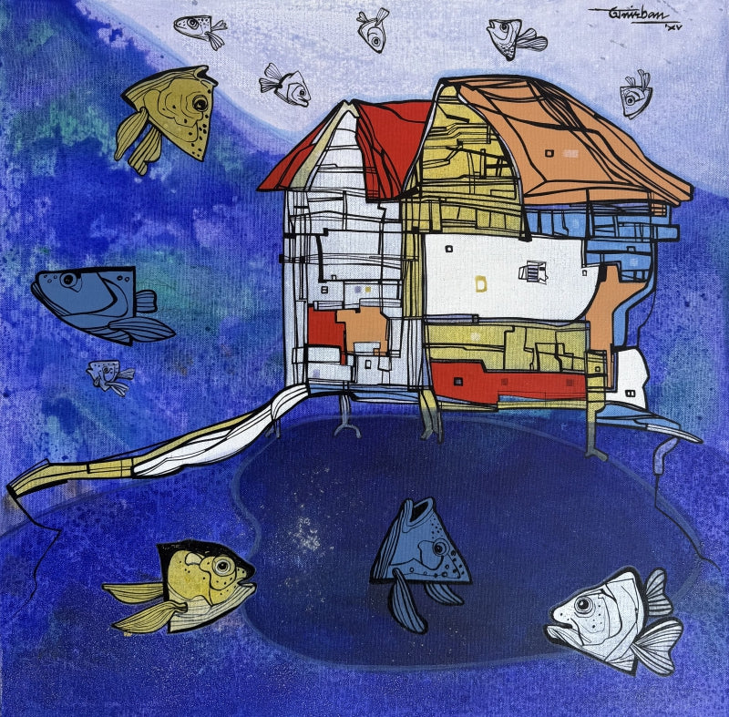 Drop Of Memory' contemporary mixed-media painting by artist Anirban Dhar, 24x24 inch, on canvas
