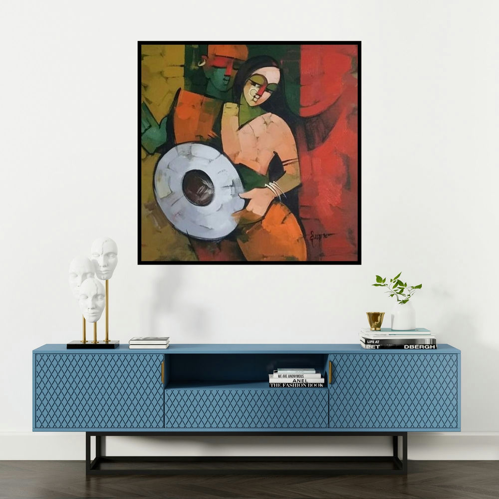 'Drummer 91 (Harmony)' painting by Deepa Vedpathak shown on a wall in a furnished room.