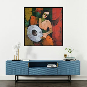 'Drummer 91 (Harmony)' painting by Deepa Vedpathak shown on a wall in a furnished room.