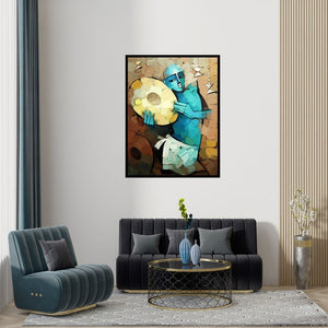 Preview of 'Drummer' Painting by Deepa Vedpathak shown on a wall in a furnished room.