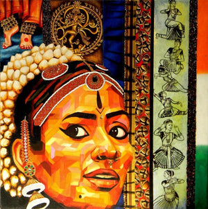 Untitled 2 (Rhythmic Hues) by Vidhi Shah, Original Jute Portrait Painting on Jute, Medium Square Wall Art