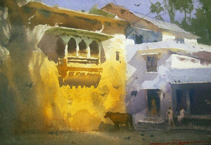 Dungarpur (Urban Scene) by Rakesh Suryawanshi, Original Watercolor Landscape Painting on Paper, Small Horizontal Wall Art