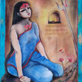 Religious mixed-media drawing titled 'Durga', 19x15 inch, by artist Parboni Roy Ghosh on Paper