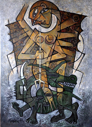 Durga 1 (Divine Strength) by Rupchand Kundu, Original Acrylic Figurative Painting on Canvas, Large Vertical Wall Art