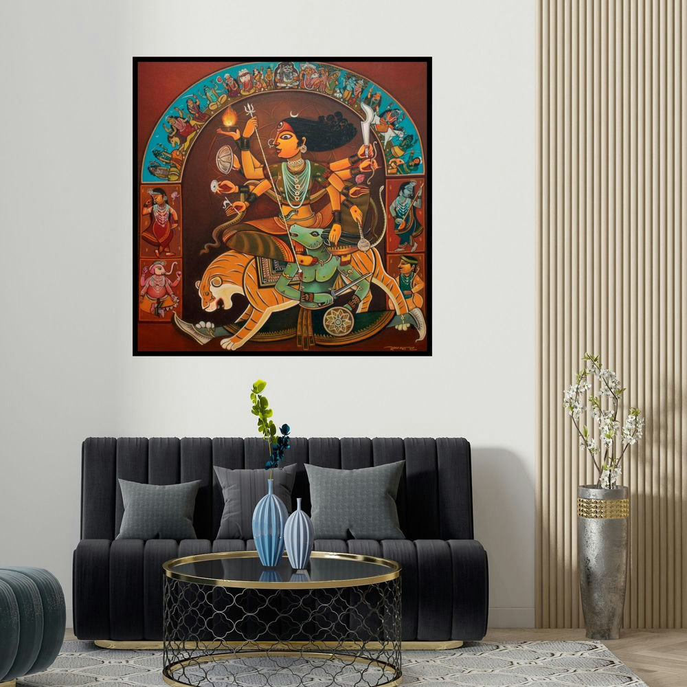 Sumon Naskar's 'Durga (Durga Triumphant)' painting visualized above a sofa in a contemporary room.