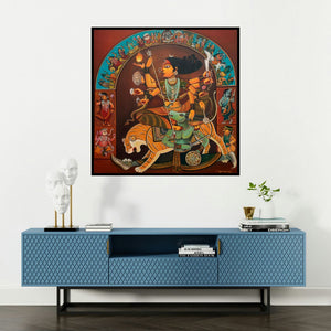 'Durga (Durga Triumphant)' painting by Sumon Naskar shown on a wall in a furnished room.